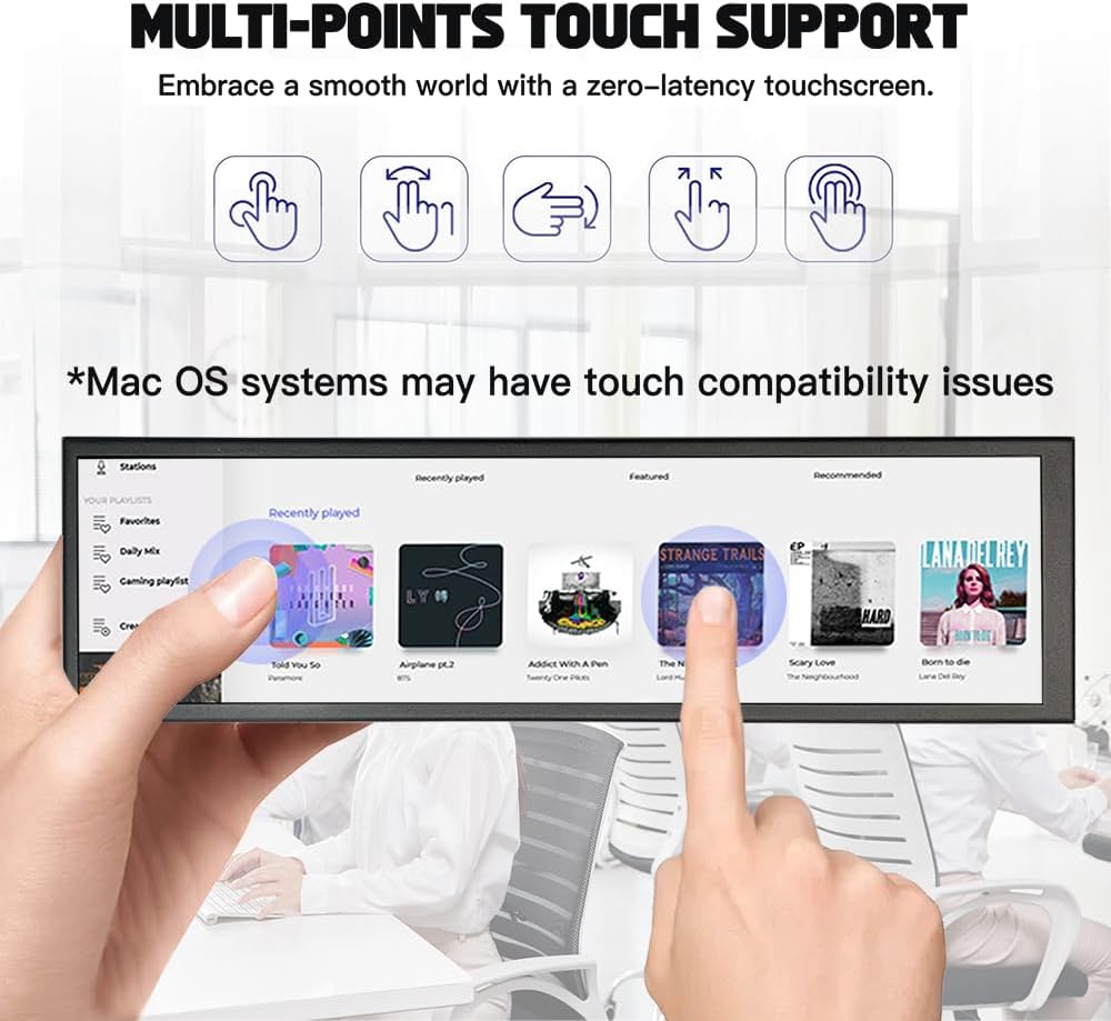 8.8 inch Small Mini Touchscreen Monitor 480x1920 IPS USB Type C Long Stretched Bar 600cd/m2 High Brightness Adjustable Strip Display for Windows Computer PC Sub Screen