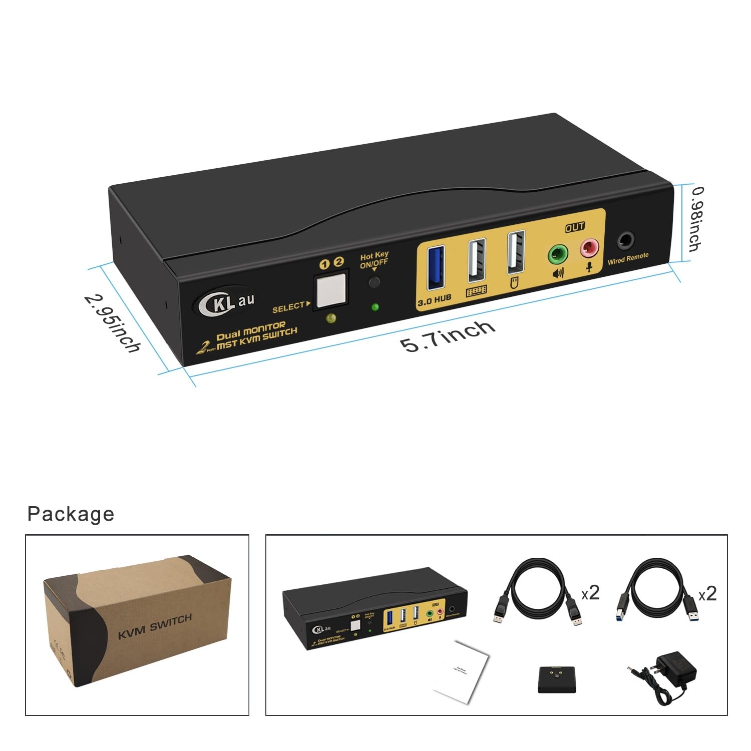 MST Displayport KVM Switch Dual Monitor 4K60Hz 2K@144Hz with Audio, Microphone, All Input Cables, and USB 3.0 Hub for 2 Computers Sharing 2 Monitors Supports Hot Key Switching, 1 DP in 2 DP Out