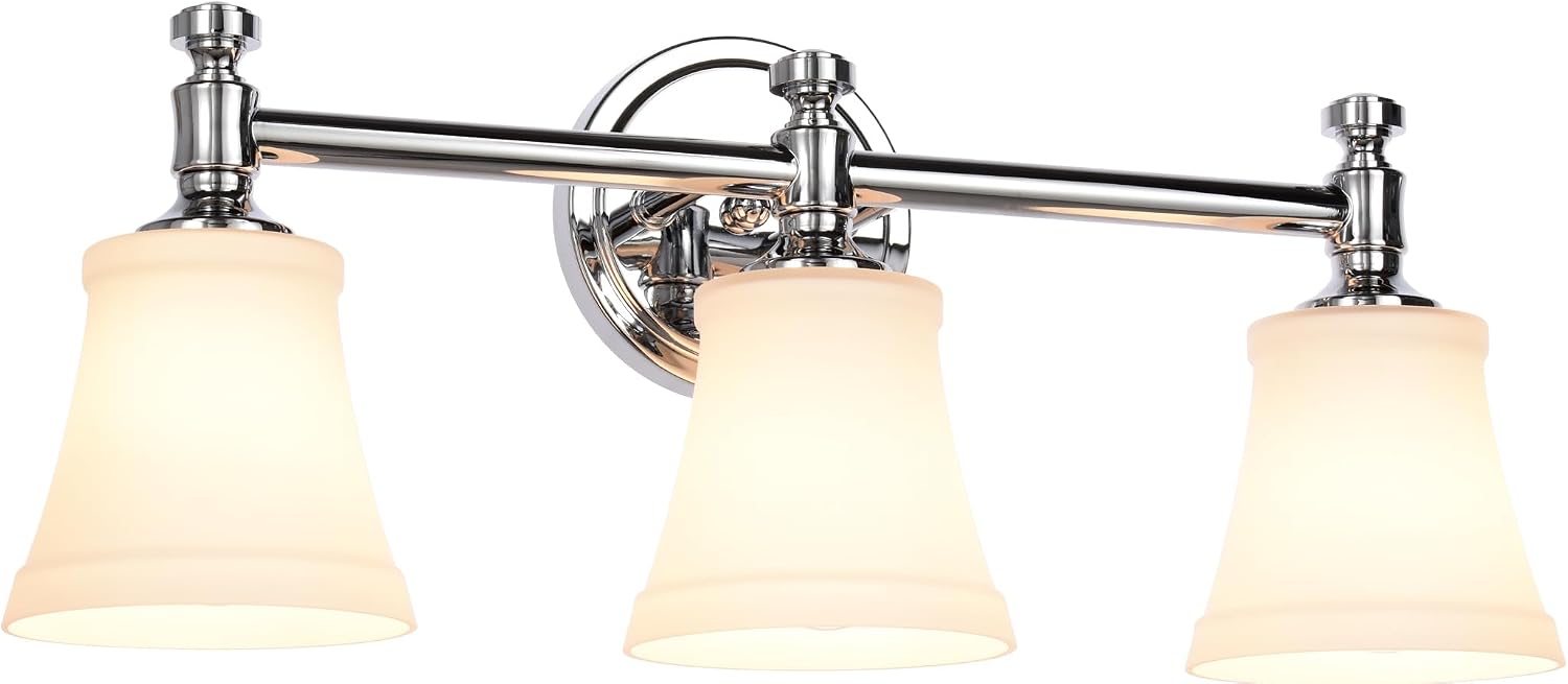 Bathroom Vanity Light Fixtures, Traditional Chrome 3 Lights Wall Sconce Lighting with Opal Glass Shade, Porch Wall Mount Light Fixture for Bathroom, Mirror Cabinets Hallway Stairs