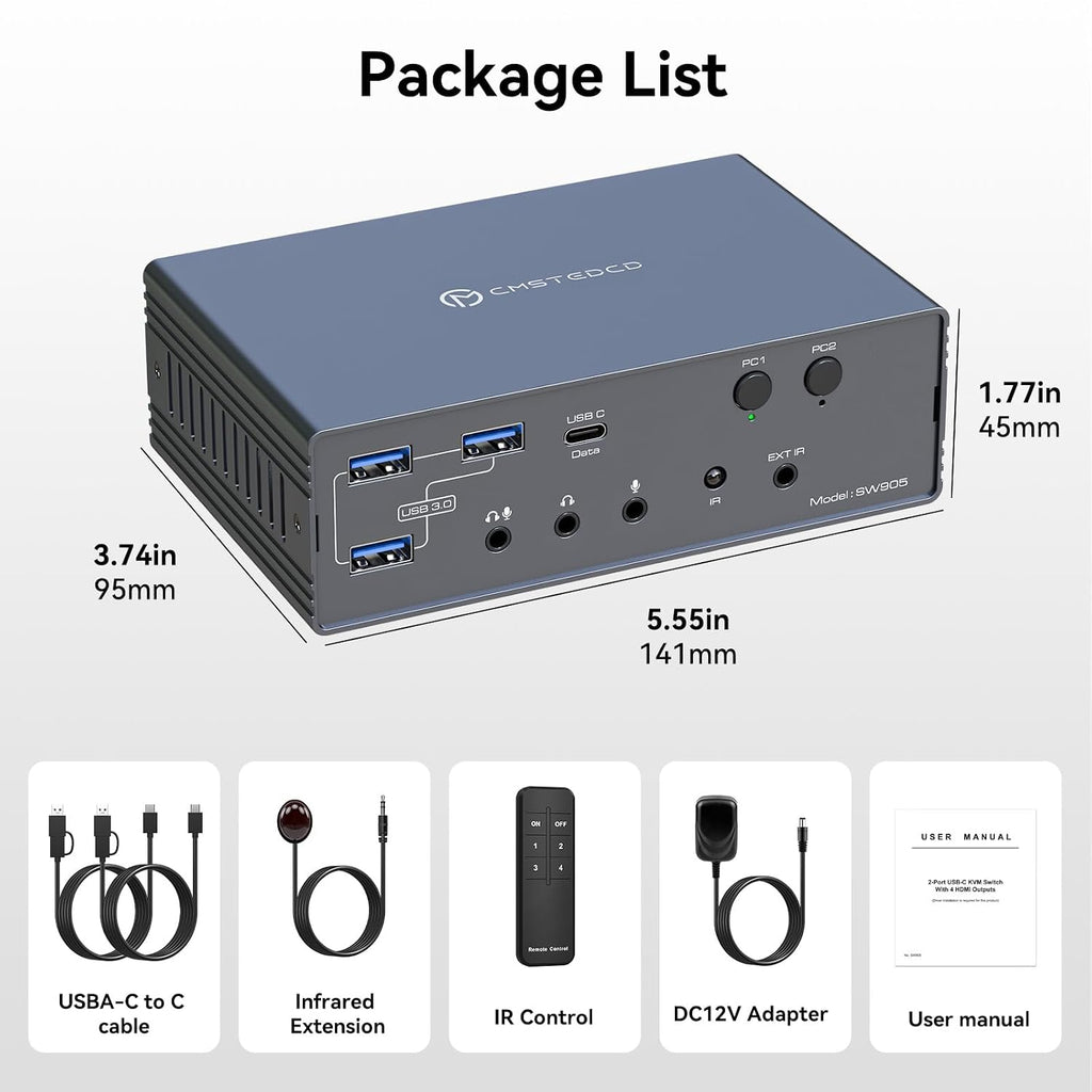 Thunderbolt KVM Switch Docking Station for Macbooks 4 Monitors 2 Computers HDMI 4K60Hz Displaylink USB C Dock for Laptops/Desktop Share 4xHDMI USBA/C Ethernet Audio Support Extended/Copy Mode