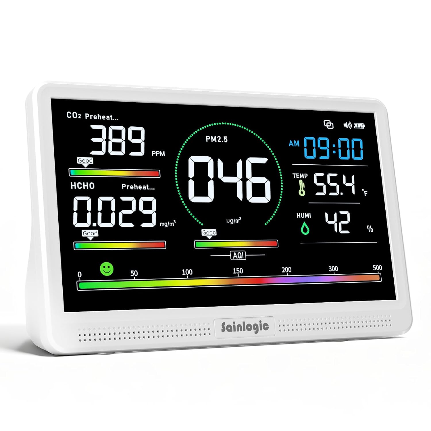 Sainlogic 16 in 1 Professional Air Quality Monitor Indoor with 7.2' Display & 3-Color 7 AQI Alerts,CO2 Monitor Air Quality Tester for CO2,HCHO,TVOC,PM2.5 PM1.0 PM10,Humidity,Temp & Time Meter for Home