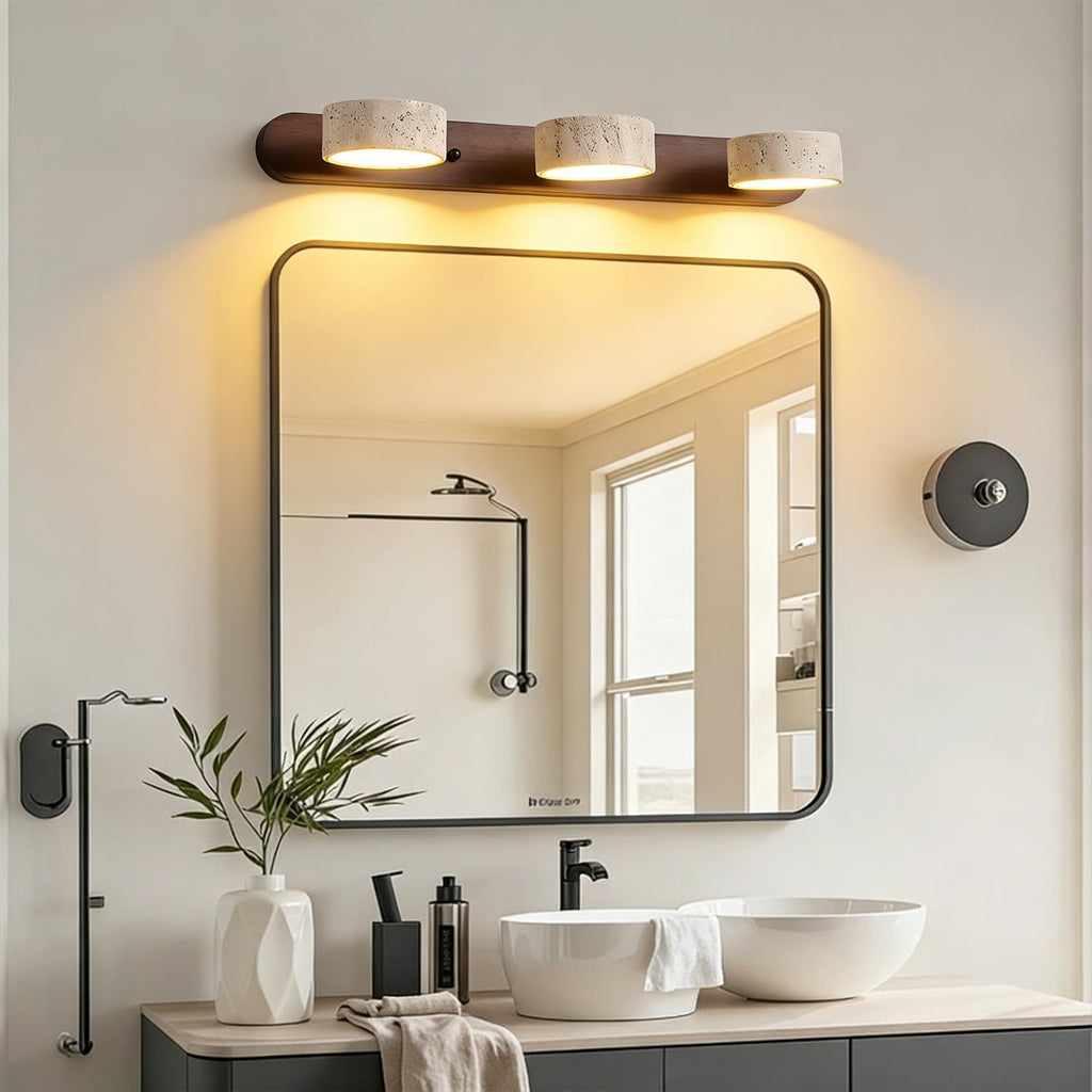 LED Natural Stone Vanity Light with 3 Travertine Stone Shades, Bathroom Vanity Light Fixture, 360° Rotatable Stone Lampshades, Modern Rustic Wall Lamp for Bedroom, Living Room, Hallway (Walnut Wood)