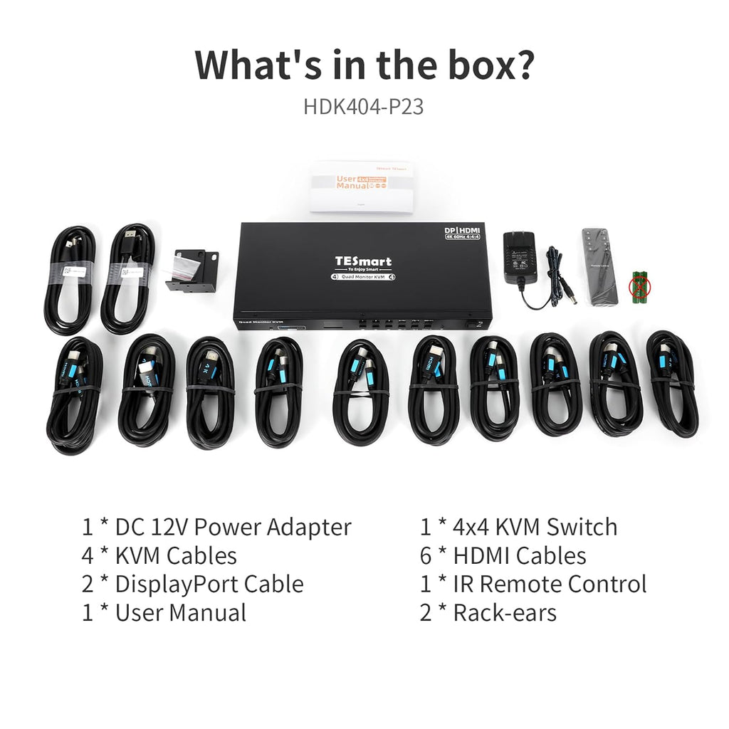 TESmart Quad Monitor HDMI+DP MST KVM Switch 4 Monitors 4 Computers 4K@60Hz, USB 3.0 KVM Docking Station, Audio&Microphone, EDID emulators, Hotkey Switch, Rack-Ears, with Input Cables