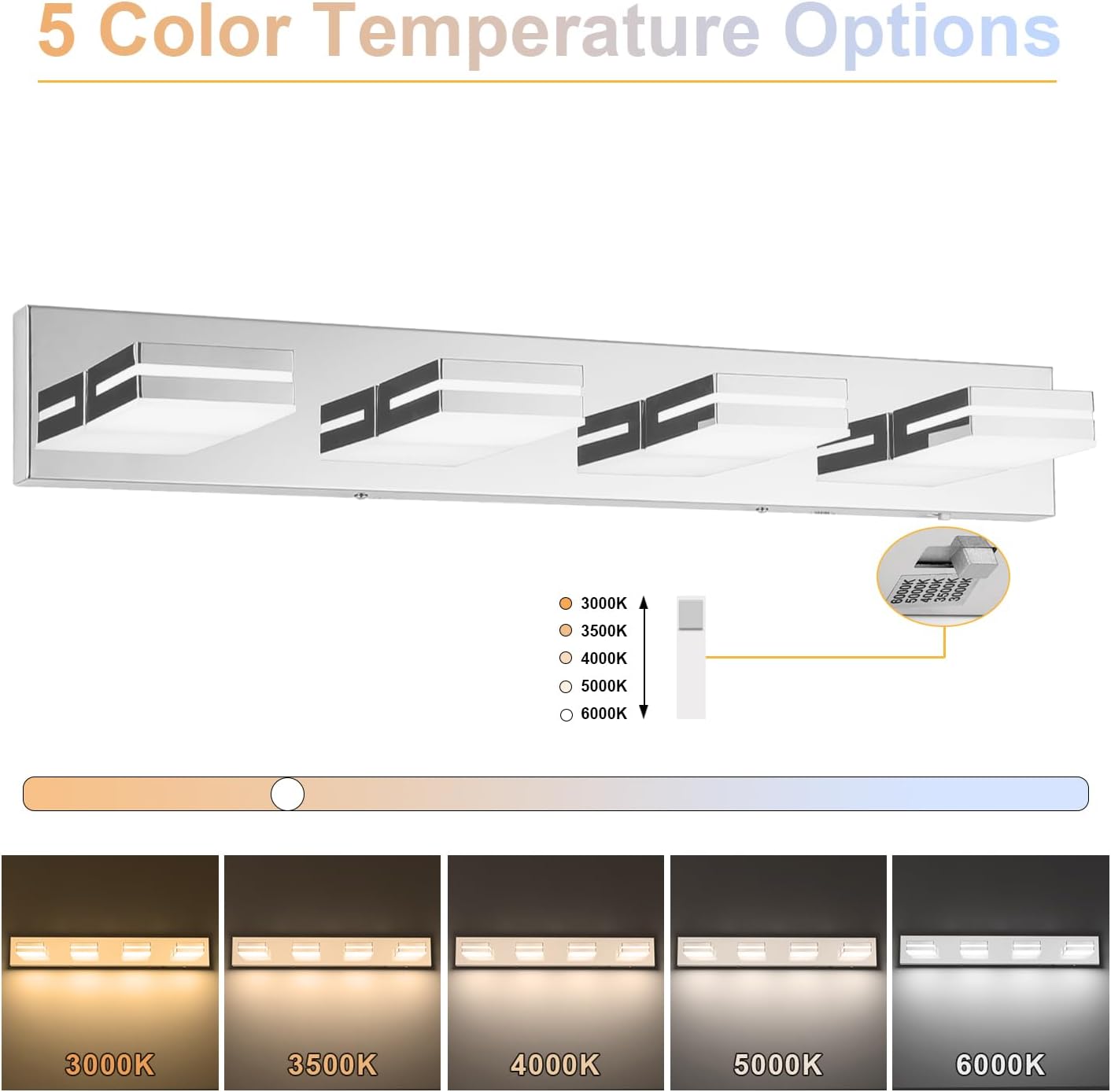 SineRise LED Modern Bathroom Vanity Light Fixtures (4-Light, 30-Inch)(5CCT, Dimmable), Chrome Modern Acrylic Bathroom Wall Lighting Fixtures Over Mirror (3000K/3500K/4000K/5000K/6000K)