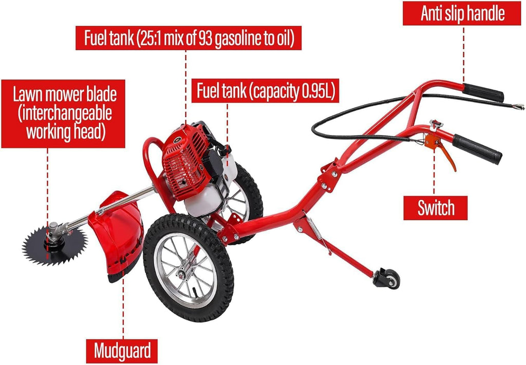 2-Stroke 49CC Gas Powered Lawn Mower, 2-in-1 Hand Push Lawn Mower Trimmer & Garden Tiller Cultivator, Garden Rototiller Gas Brush Cutter String Trimmer for Yard