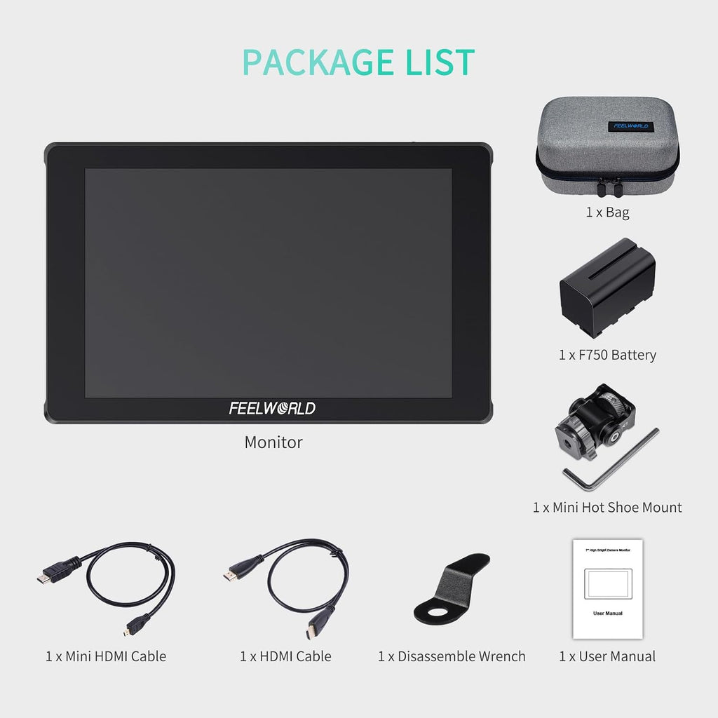FEELWORLD 7 Inch Camera Field Monitor,1200Nit Highlight Touch Screen DSLR Camera Monitor 4K 60Hz HDMI 3D LUT, HDR Waveform with NP-F750 Battery and Bag F7PLUS
