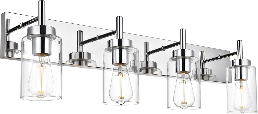 Modern Bathroom Lighting with Clear Glass Shade 4-Light Vanity Light Fixtures Chrome Finished Industrial Wall Light Sconces for Bedroom Hallway (Patent No.: US D958,438 S)