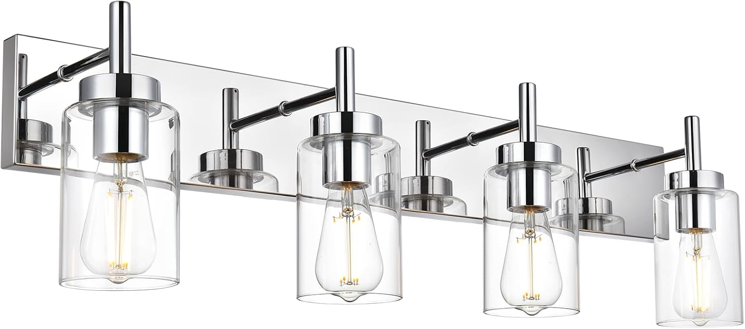 Modern Bathroom Lighting with Clear Glass Shade 4-Light Vanity Light Fixtures Chrome Finished Industrial Wall Light Sconces for Bedroom Hallway (Patent No.: US D958,438 S)