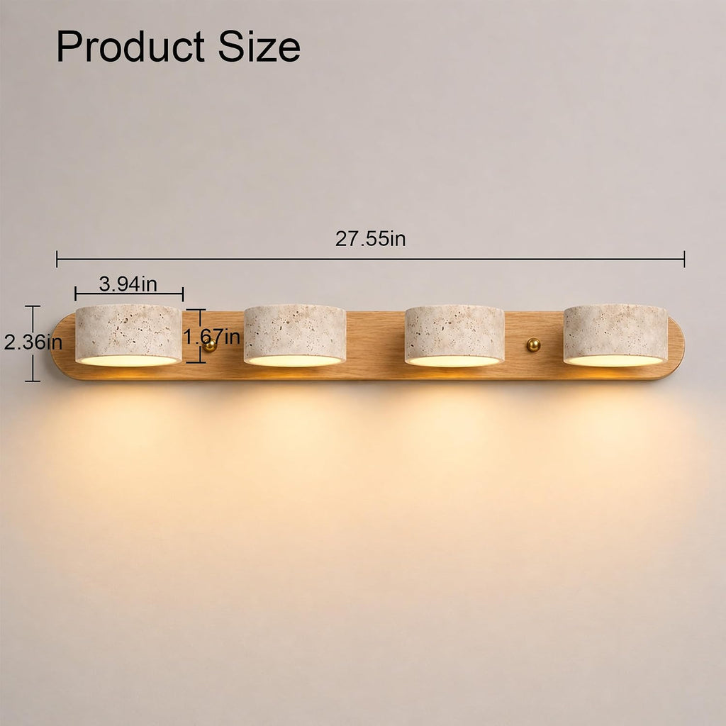 LED Bathroom Vanity Light, Travertine Stone Light Fixture, 360° Rotatable Stone Lampshades, Modern Rustic Wall Lamp for Bedroom, Living Room, Hallway (Natural Wood-4 Lights)