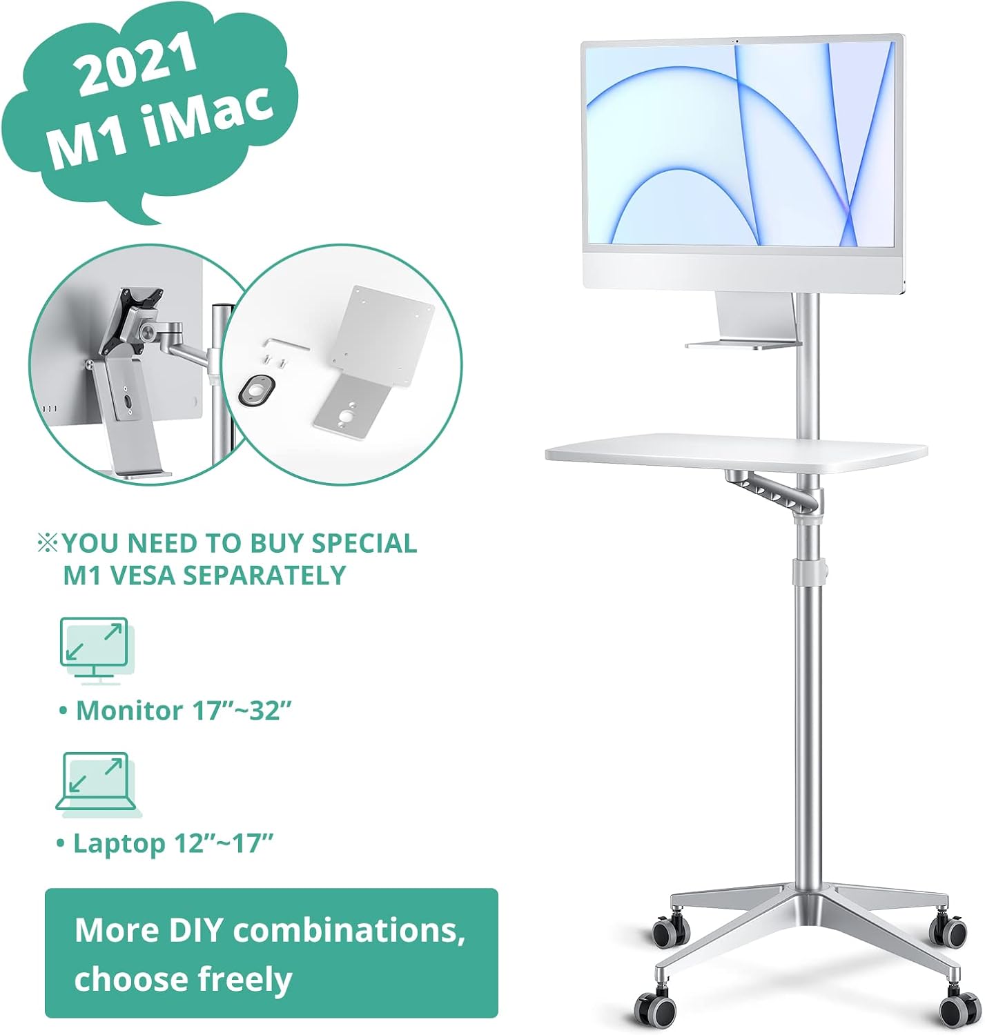 viozon Mobile Desk,Mobile Workstation,Mulitiuse Rolling Laptop Floor Stand,34'-48.6' Height Adjustable,Compatible with 17'-27'Monitor&12'-17'Laptop,21'×14' Desk Board,Maxload 17.6lbs,4 Lockable Wheels