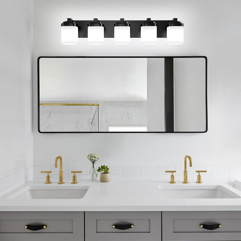 Vanity Lights, Bathroom Light Fixtures with Milky White Square Glass Shade, Modern Vanity Light Over Mirror, Bathroom Light Fixtures, Wall Sconce Light 5-Light Black, E26 Base