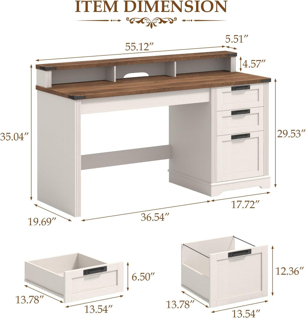 Vabches 55' Farmhouse Executive Desk with 3 Drawers, Wooden Computer Desk Home Office Desk with File Drawer (Fits A4 Size) for Work and Study, White Brown