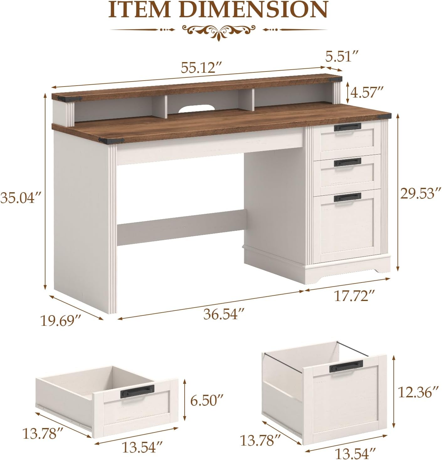Vabches 55' Farmhouse Executive Desk with 3 Drawers, Wooden Computer Desk Home Office Desk with File Drawer (Fits A4 Size) for Work and Study, White Brown