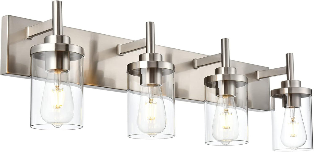 4 Lights Brushed Nickel Bathroom Vanity Light Over Mirror with Clear Glass Shades Industrial Wall Mounted Fixtures 18 inch Modern Wall Sconce Lighting for Farmhouse Living Room Bedroom Hallway