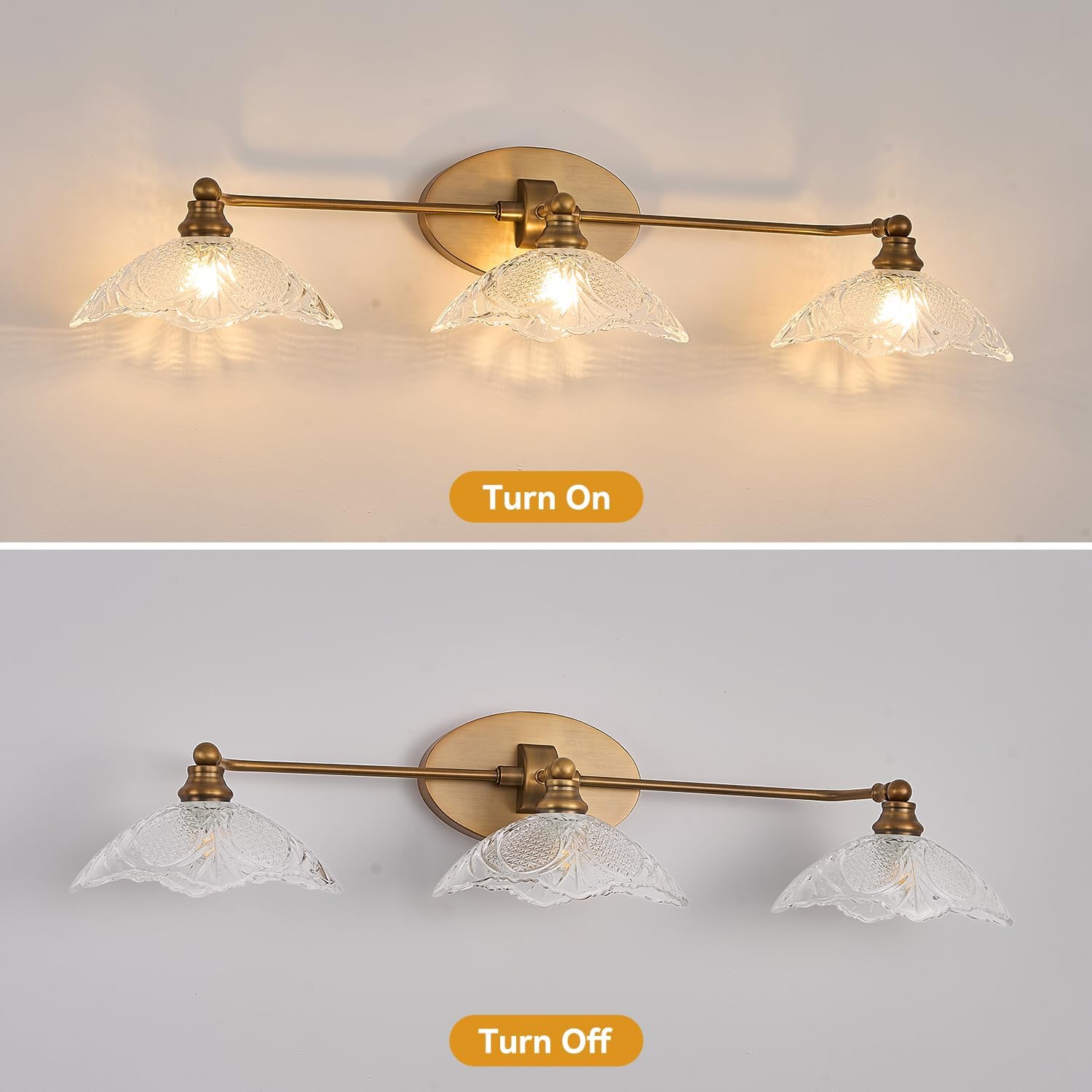 Vintage Bathroom Vanity Light Fixture, 3 Light Bathroom Vanity Light Length 33.85 inches Antique Brass with Crystal Glass Shade Antique Brass Vanity (E12 Bulb, Bulb not Included)