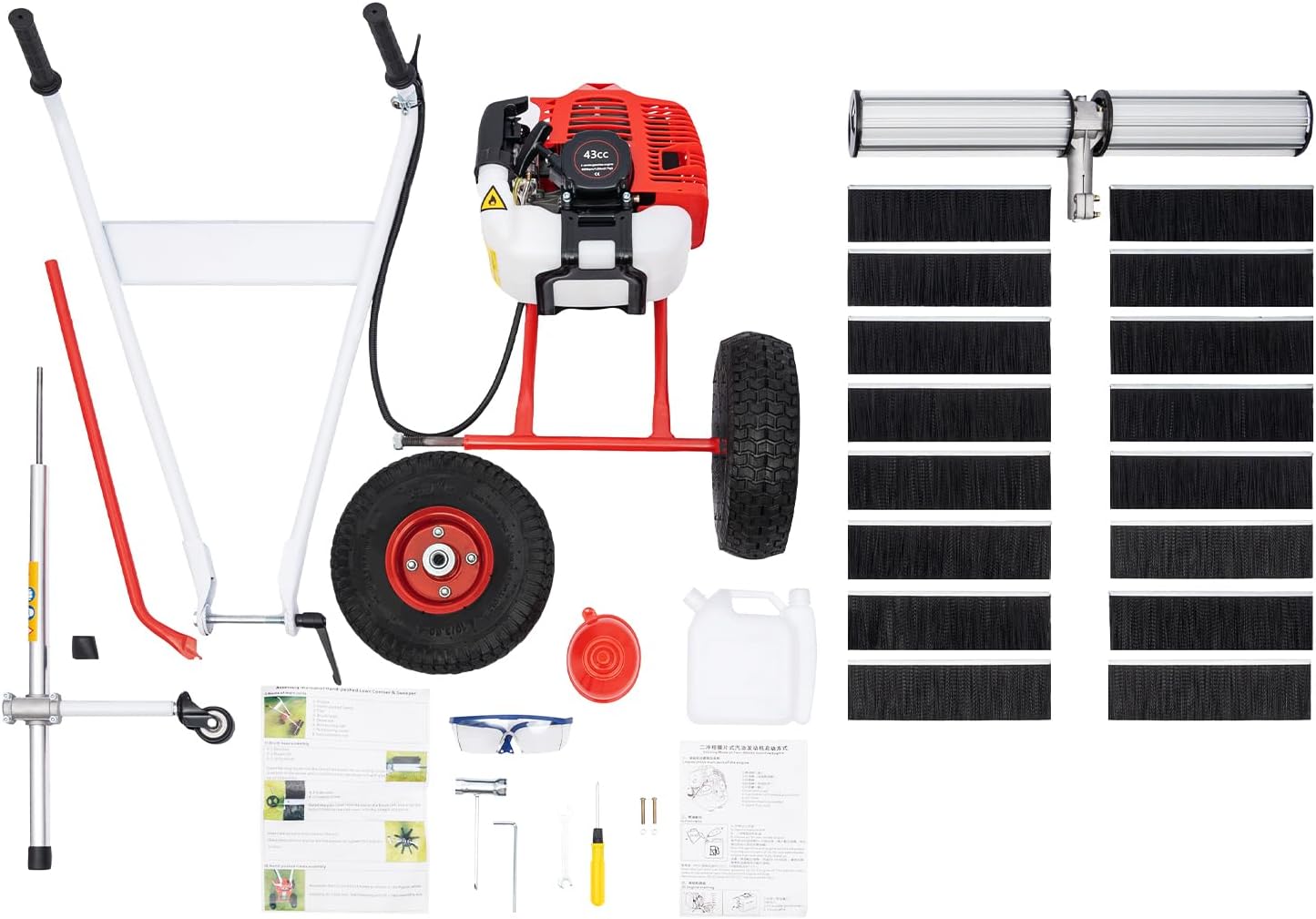 43CC 2 Stroke Outdoor Hand Held Gas Power Broom Gas Walk Behind Push Lawn Sweeper Handheld Walk Behind Sweeper Broom Artificial Turf Gas Power Sweeper 1.7 HP Gas Engine Turf Lawn Sweeper