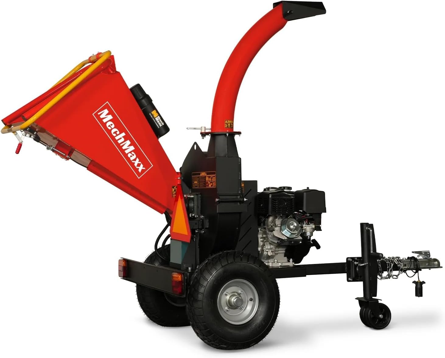 MechMaxx 5'' Inch E-Start 420cc 15hp Gas Powered Wood Chipper Shredder Mulcher with Tail Light, Towbar, Emergency Stop Button, Stop Bar, Model P4205 Red
