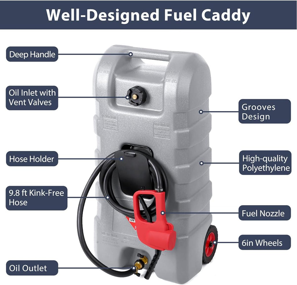 15 Gallon Fuel Caddy – Portable Diesel & Gasoline Tank with Manual Siphon Pump, 10ft Delivery Hose & Wheels for Cars, Boats, ATVs & Lawn Mowers - Grey