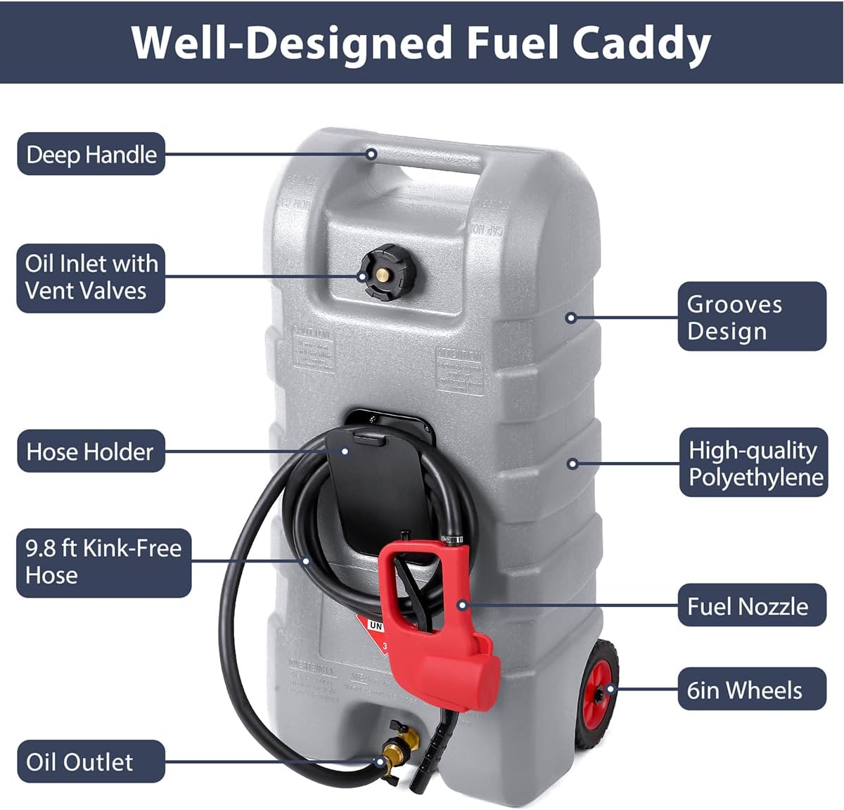 15 Gallon Fuel Caddy – Portable Diesel & Gasoline Tank with Manual Siphon Pump, 10ft Delivery Hose & Wheels for Cars, Boats, ATVs & Lawn Mowers - Grey