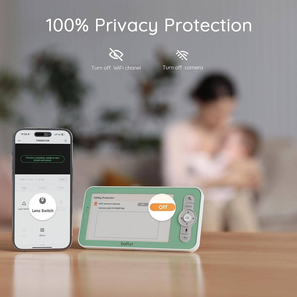 Boifun 2K Wifi Baby Monitor with 2 Cameras, Soothing Night Light, APP & 5' Split-screen Control, Motion/Cries/Noise/Customizable Alarm Zones Detect, Auto Tracking, PTZ, Humidity&Temperature Monitoring
