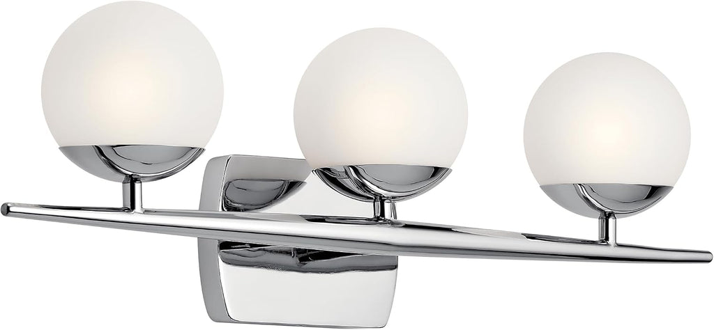 Kichler Jasper 24.5' Halogen Vanity Light in Chrome, 3-Light Mid Century Bathroom Vanity with Satin Etched Cased Opal Glass, (24.5' W x 7.75' H), 45582CH