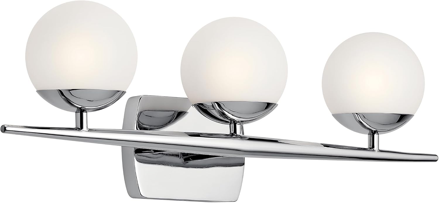 Kichler Jasper 24.5' Halogen Vanity Light in Chrome, 3-Light Mid Century Bathroom Vanity with Satin Etched Cased Opal Glass, (24.5' W x 7.75' H), 45582CH