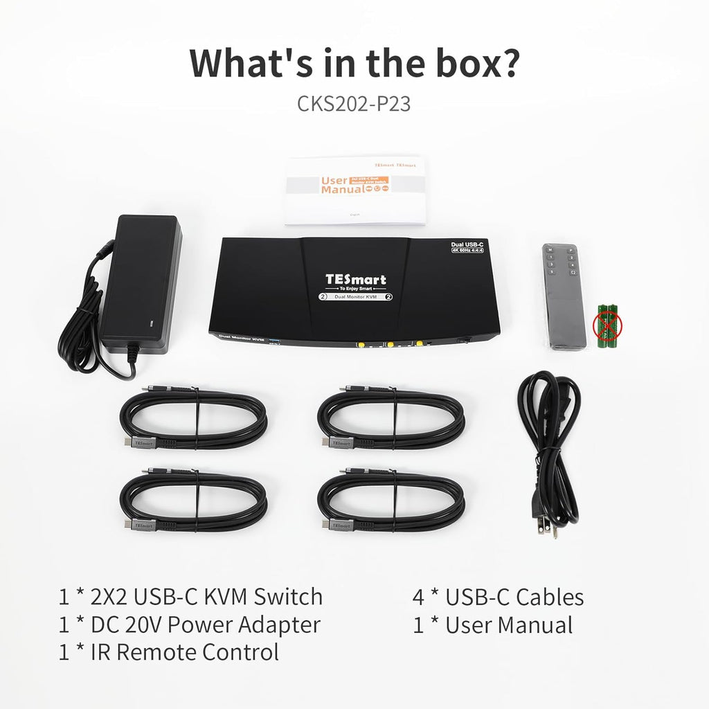 TESmart MST USB-C KVM Switch 2 Monitors 2 Laptops 4K@60Hz, USB 3.0 Dual Monitor KVM, EDID Emulation, 60W PD, 1G Ethernet, 2K@144Hz, 1080P@240Hz, Hotkey Switch, with All Input Cables
