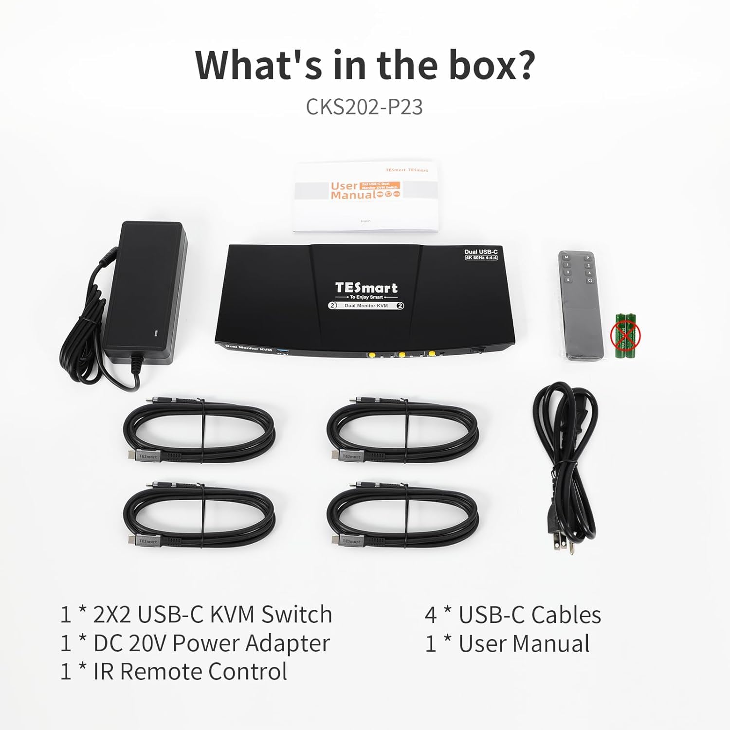 TESmart MST USB-C KVM Switch 2 Monitors 2 Laptops 4K@60Hz, USB 3.0 Dual Monitor KVM, EDID Emulation, 60W PD, 1G Ethernet, 2K@144Hz, 1080P@240Hz, Hotkey Switch, with All Input Cables