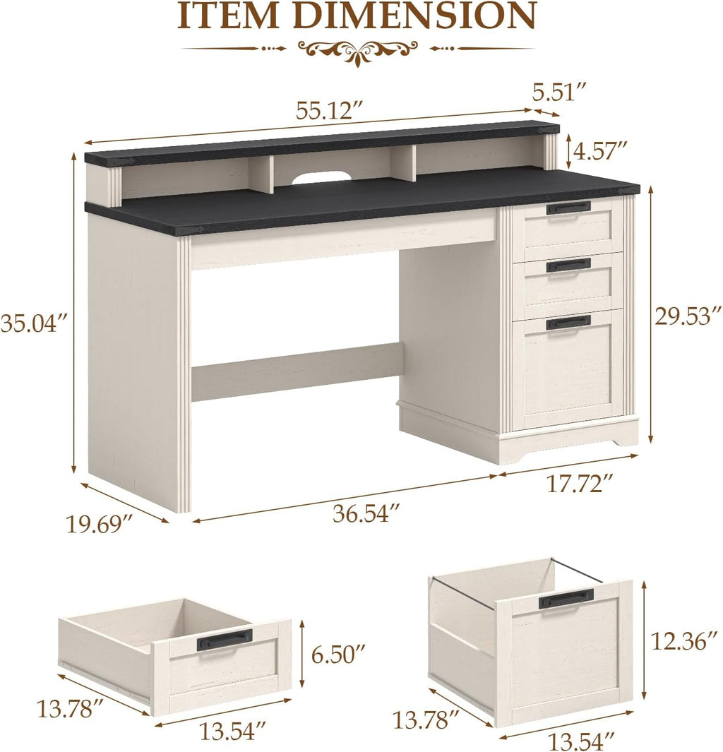 Vabches 55' Farmhouse Executive Desk with 3 Drawers, Wooden Computer Desk, Home Office Desk with File Drawer (Fits A4 Size) for Work and Study, White and Black
