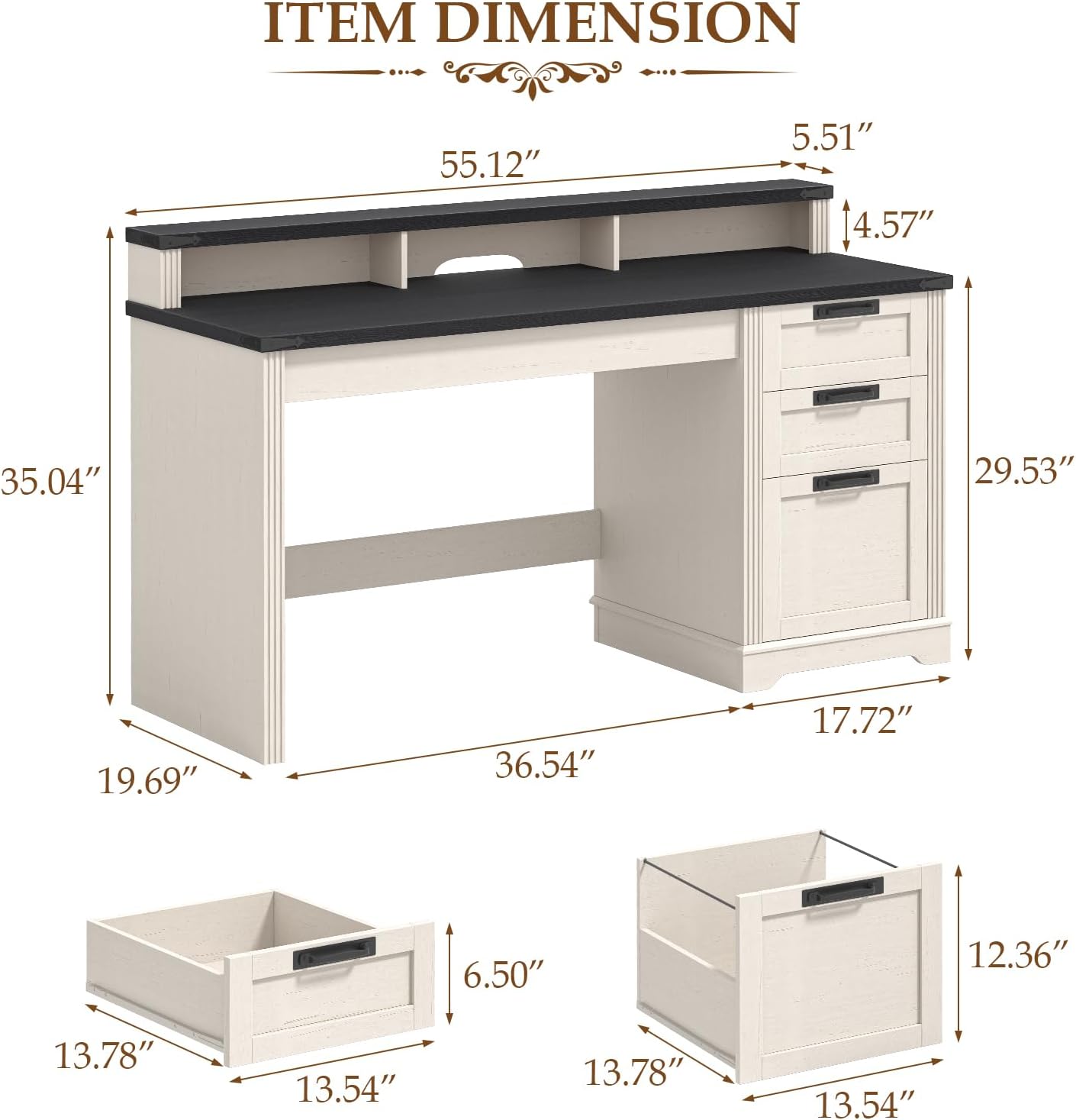 Vabches 55' Farmhouse Executive Desk with 3 Drawers, Wooden Computer Desk, Home Office Desk with File Drawer (Fits A4 Size) for Work and Study, White and Black