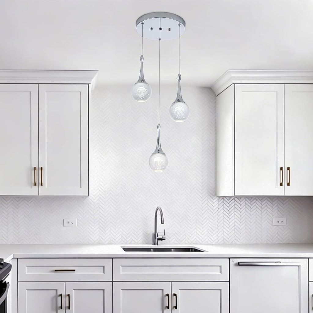 CHYING 3-Lights Pendant Lights Kitchen Island, Modern LED Dimmable Globe Crystal Jellyfish Teardrop Ceiling Pendant Lighting for Dining Room Hallway Entryway Bedroom, Chrome Cool White
