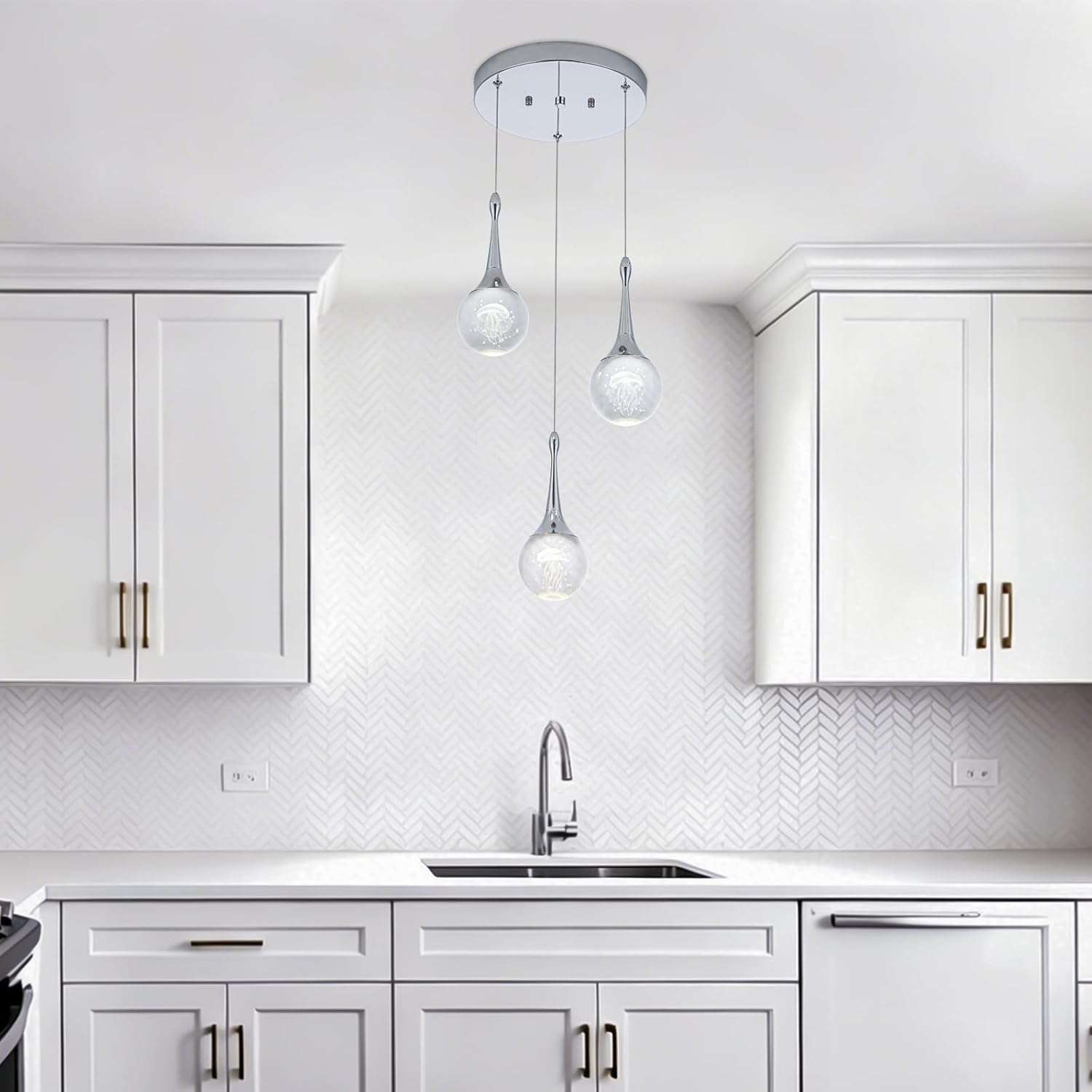 CHYING 3-Lights Pendant Lights Kitchen Island, Modern LED Dimmable Globe Crystal Jellyfish Teardrop Ceiling Pendant Lighting for Dining Room Hallway Entryway Bedroom, Chrome Cool White