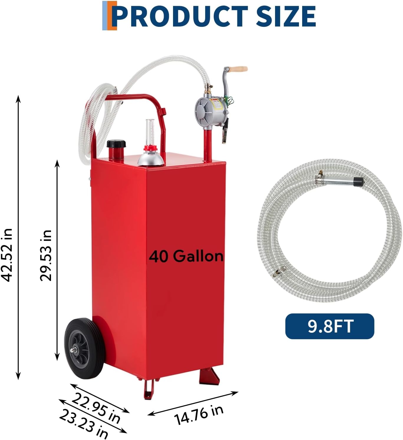 40 Gallon Fuel Caddy, Portable Gas Caddy with Manual Pump, Fuel Storage Tank with 2 Wheels, Easy Transfer for Cars, Lawn Mowers, ATVs, Boats, Red