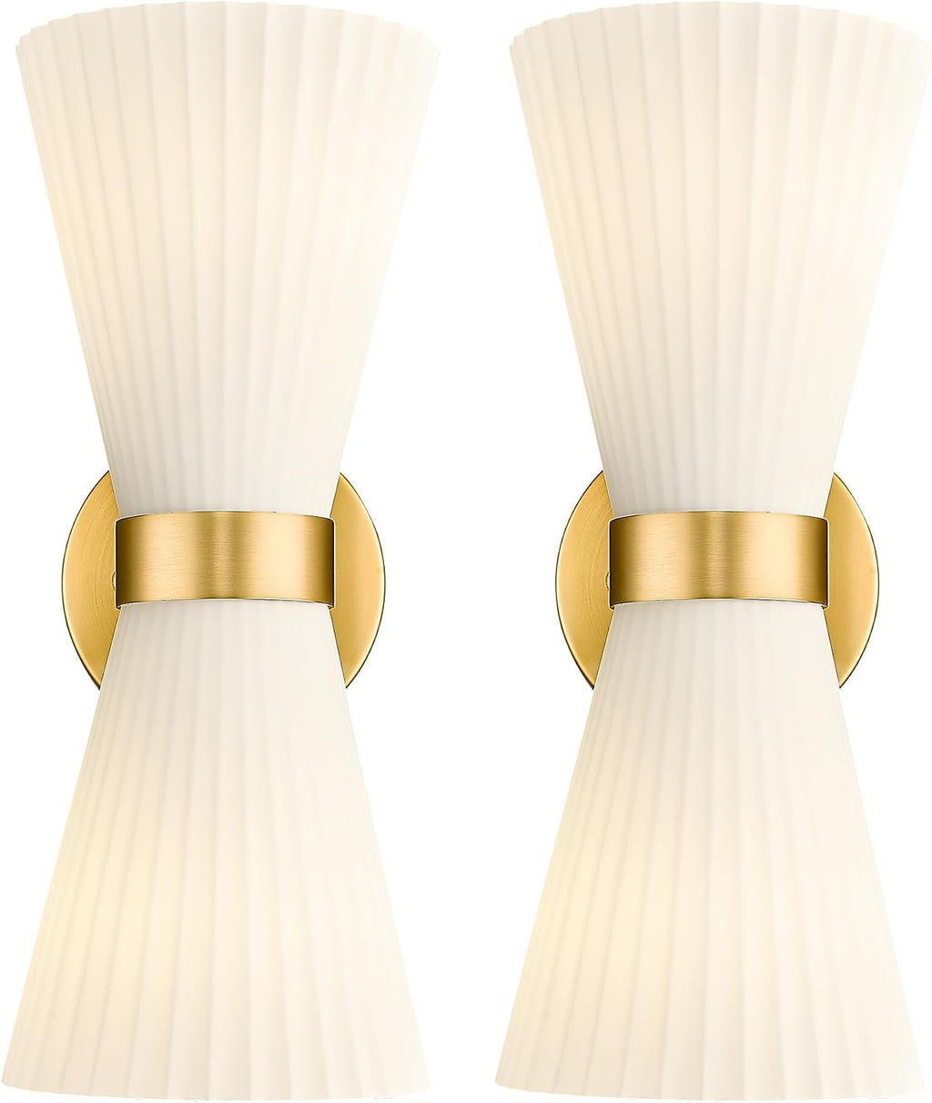 Modern Wall Sconce Set of 2, HWH 2-Light Up Down Wall Light Indoor Vanity Wall Lamp, Brushed Gold Bathroom Vanity Sconce Frosted White Striped Glass Shade, 5HZG97B-2W-2PK BG