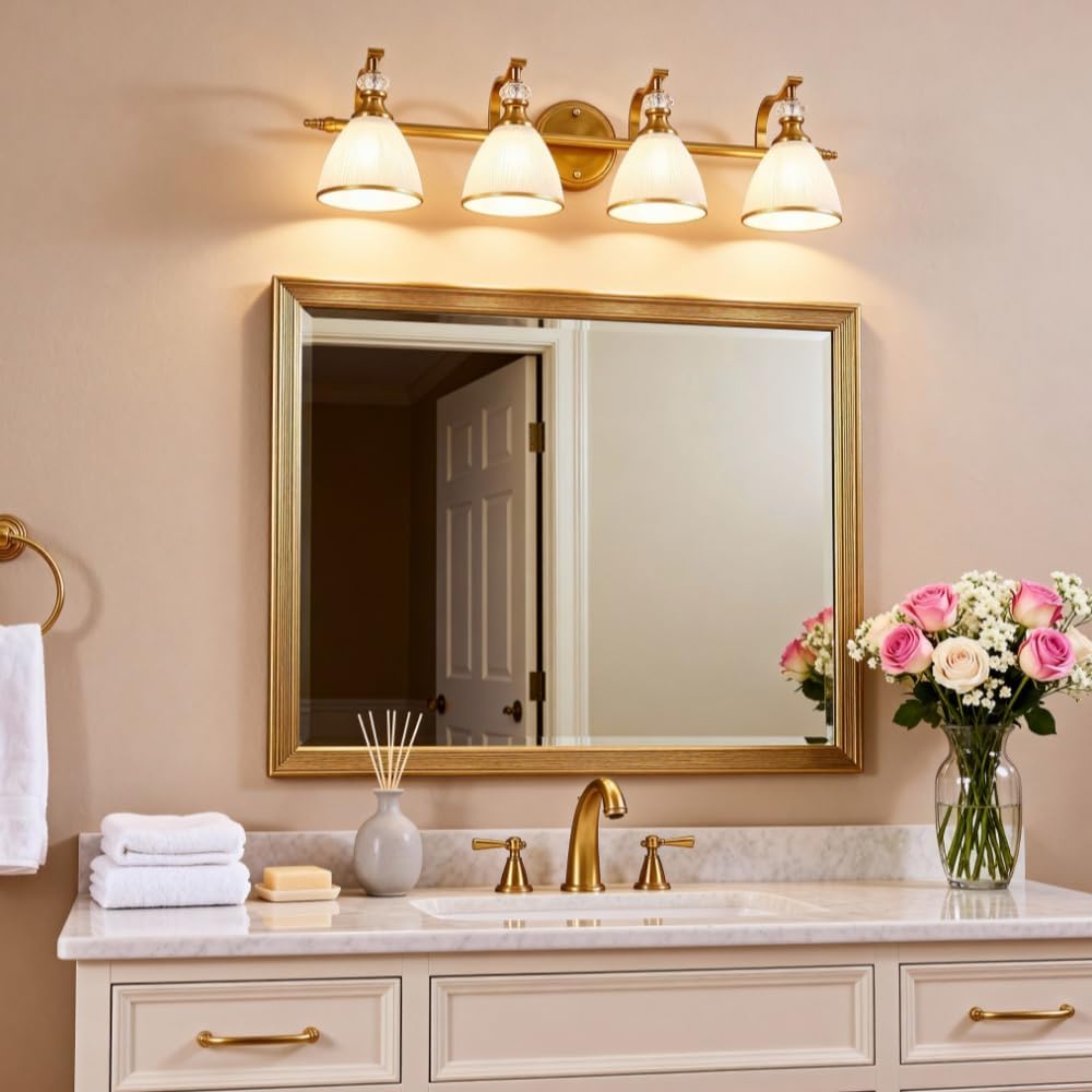 ANDY STAR Brushed Gold Vanity Light, 4-Light Bathroom Light Fixtures, Vintage Wall Lamp with Bell Shaped Frosted Lampshade, 27.8 Inch Bathroom Lighting Fixtures Over Mirror, (Bulbs Not Included)