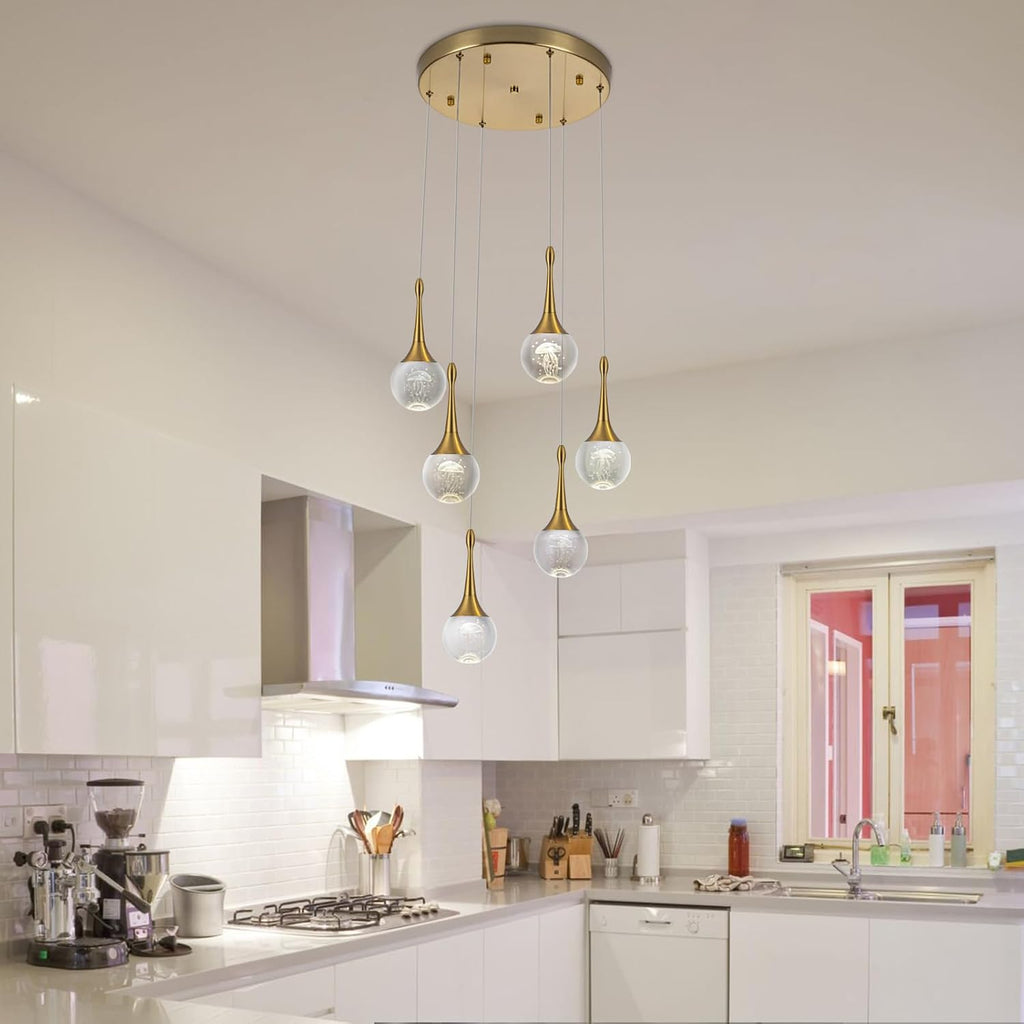 CHYING 6-Lights Pendant Lights Kitchen Island, Modern LED Dimmable Globe Crystal Jellyfish Teardrop Ceiling Pendant Chandelier for Dining Room Hallway Foyer Staircase, Gold Warm White