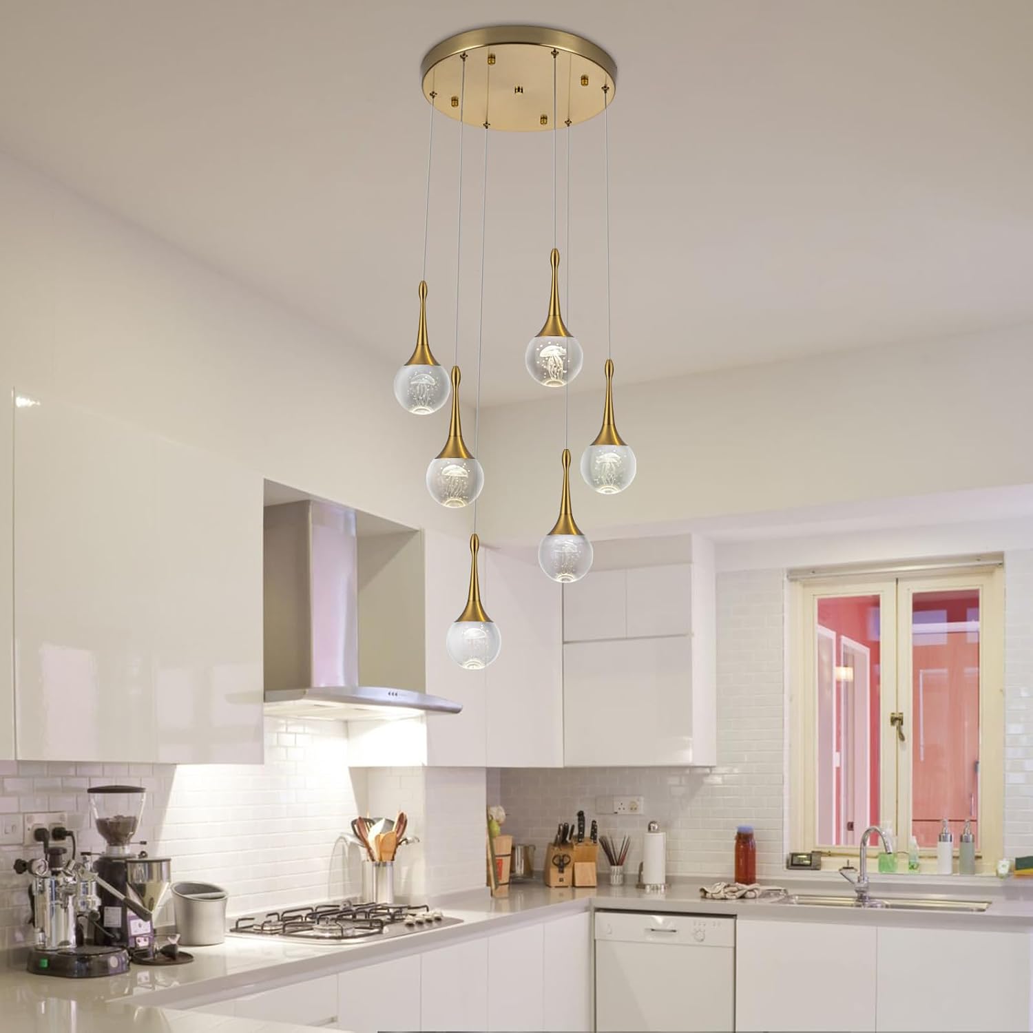 CHYING 6-Lights Pendant Lights Kitchen Island, Modern LED Dimmable Globe Crystal Jellyfish Teardrop Ceiling Pendant Chandelier for Dining Room Hallway Foyer Staircase, Gold Warm White