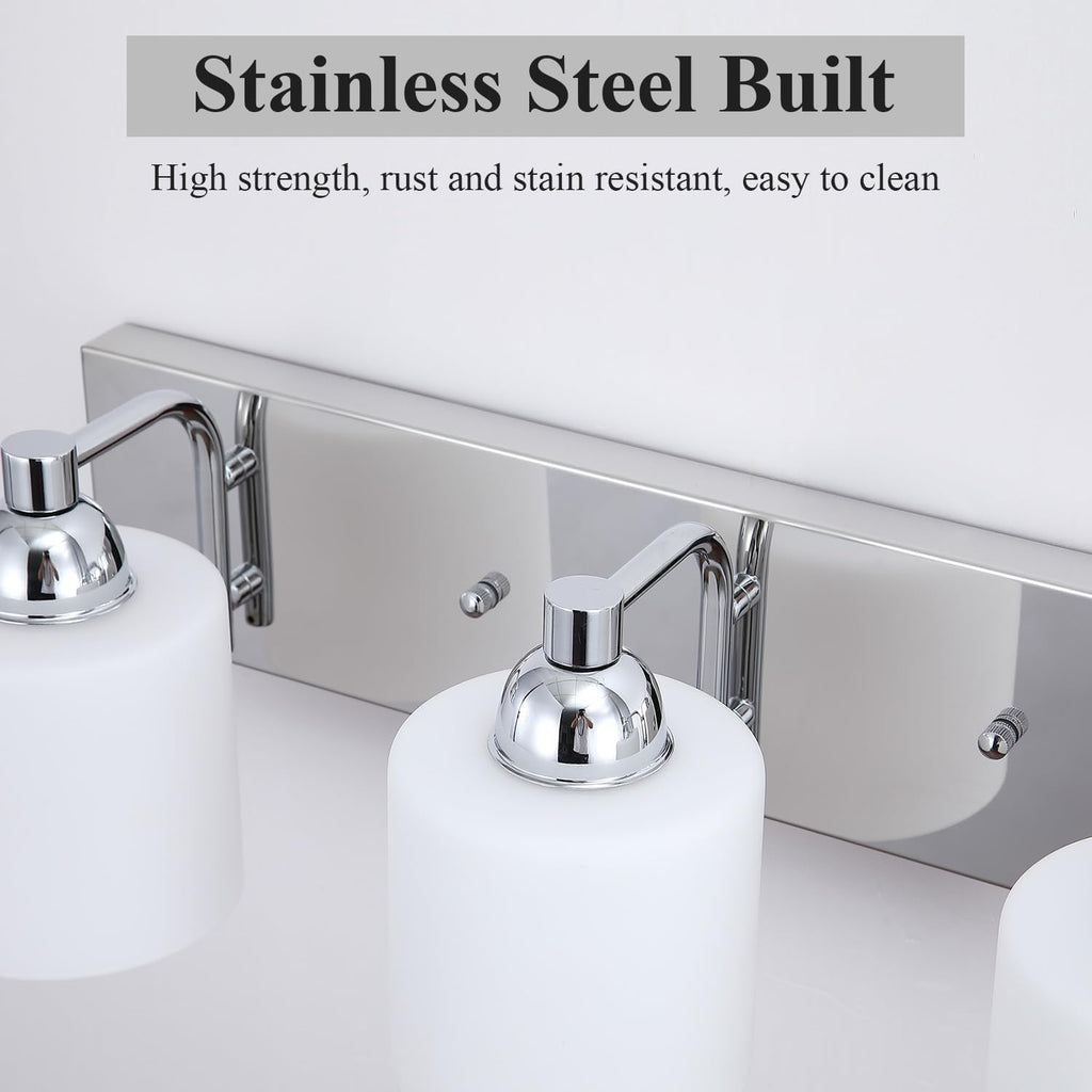 Mecgirn Stainless Steel Milk Glass Vanity Lights for Bathroom, 3 Light Polished Chrome Bathroom Light Fixtures Over Mirror, Ceramic E26 Sockets Wall Mounted