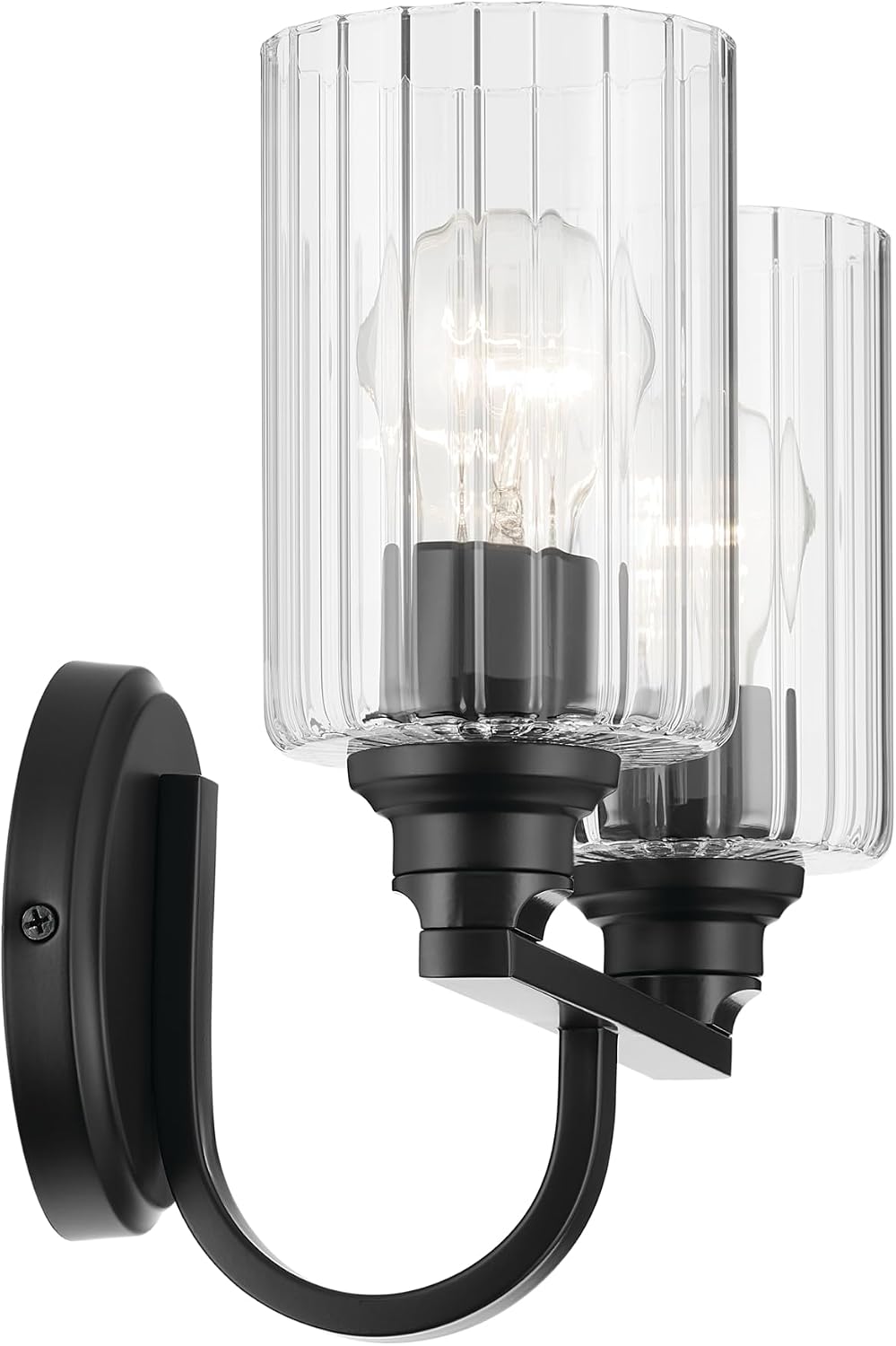 Kichler Gioe 14.25' 2-Light Bathroom Vanity Light Fixture with Clear Fluted Glass in Black, Damp Rated for Powder Room Over Mirror (14.25' W x 10.5' H), 55225BKFLU