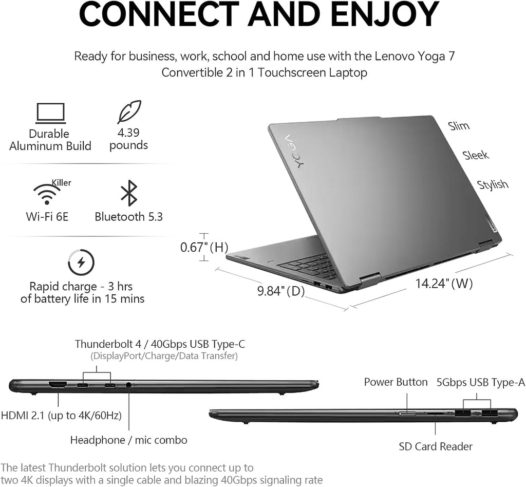 Lenovo Yoga 7 2 in 1 Laptop Touchscreen|16' FHD+ 360 Foldable Touch Screen Convertible,Intel 12-Core Ultra 7, Windows 11 Pro|Backlit 10-Key|Fingerprint|16GB DDR5 RAM 512GB SSD