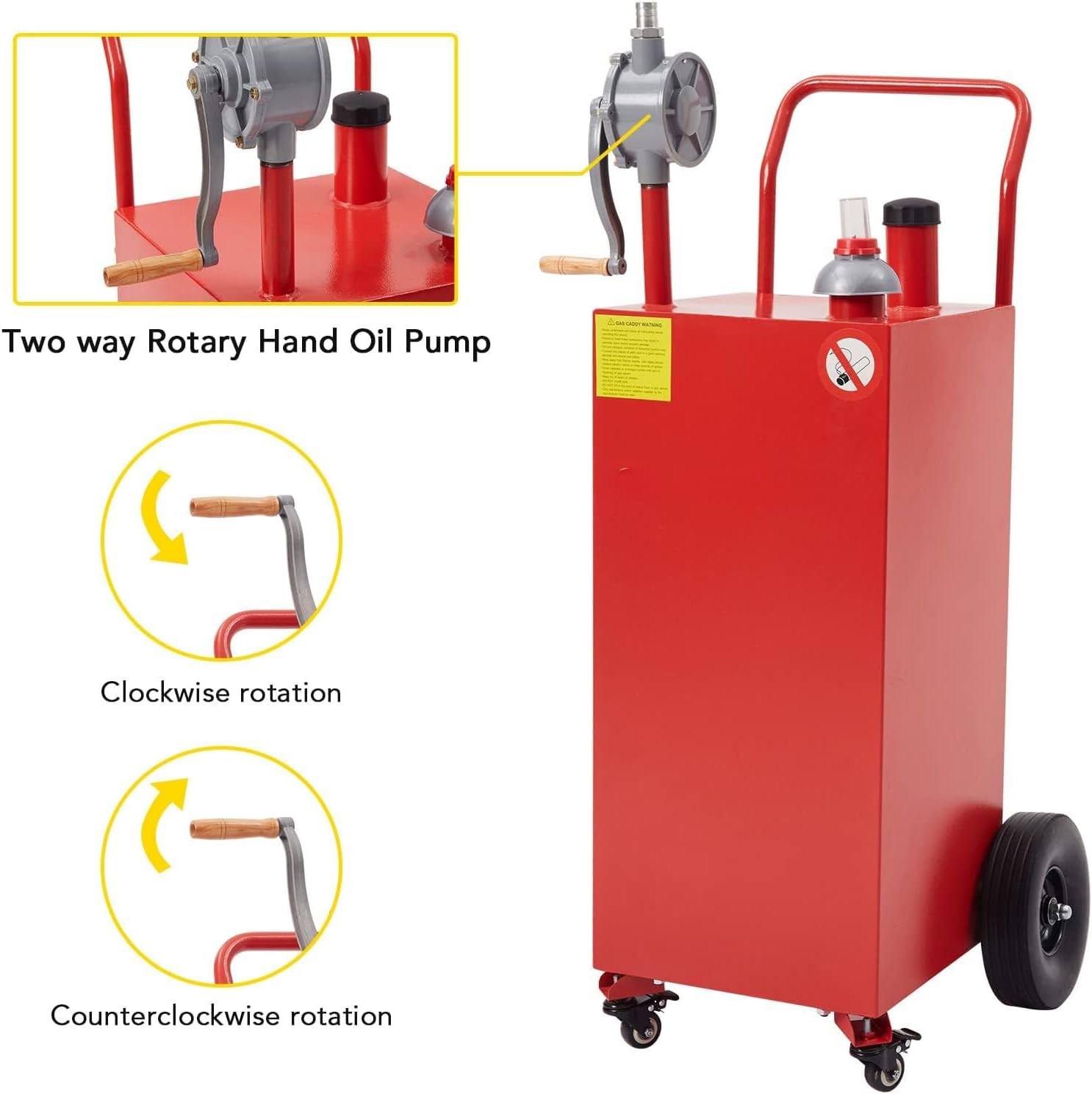 50 Gallon Fuel Caddy, Portable Gas Tank with Reversible Rotary Manual Siphon Pump, Fuel Transfer Storage Tank with 4 Solid Rubber Rollers, Gasoline Diesel Can for Car, Boat, Lawn Mower, ATV, Red