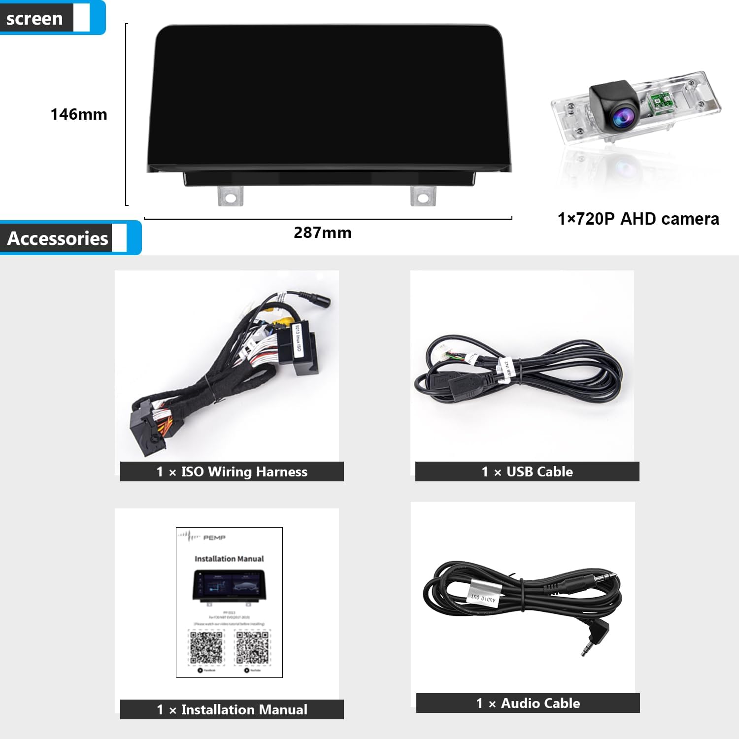 PEMP CarPlay Android Auto Monitor Linux Screen for BMW (2012-2016) 1 Series F20 CIC NBT System with a 720P AHD Revers Camera