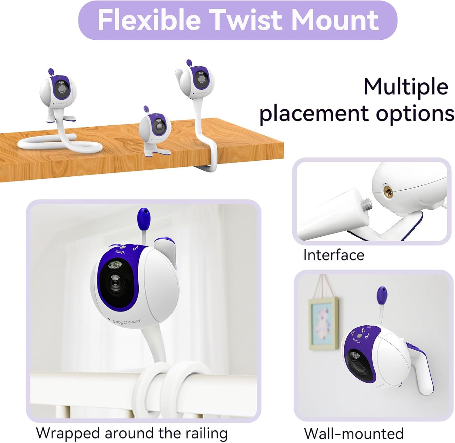 Baby Monitor Camera with Flexible Mount, 1080p 2.4GHz Wi-Fi, Requires Tuya Smart App, Color Night Vision, Sound/Motion Alerts, Temp Sensor, 2-Way Audio, Lullabies, Night Light, TF/Cloud Storage(32G)