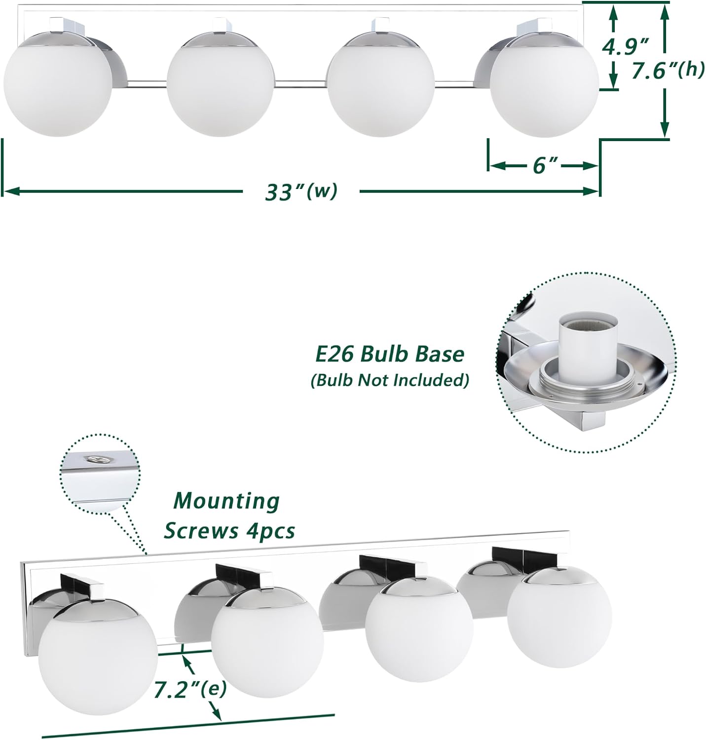 Chrome Bathroom Vanity Light Fixtures, 4-Light Globe Bathroom Vanity Light Fixtures Over Mirror, Modern Wall Lights for Living Room, Long Backplate, Standard E26 Base, Chrome