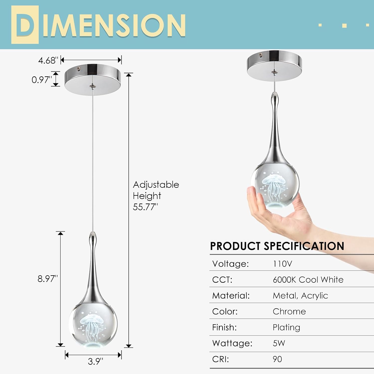 CHYING 3 Pack Mini Modern LED Pendant Lights Kitchen Island, Chrome 5W Crystal Globe Jellyfish Pendant Lighting for Dining Room Bathroom Bedroom Entry Foyer Bar, 6000K Cool White