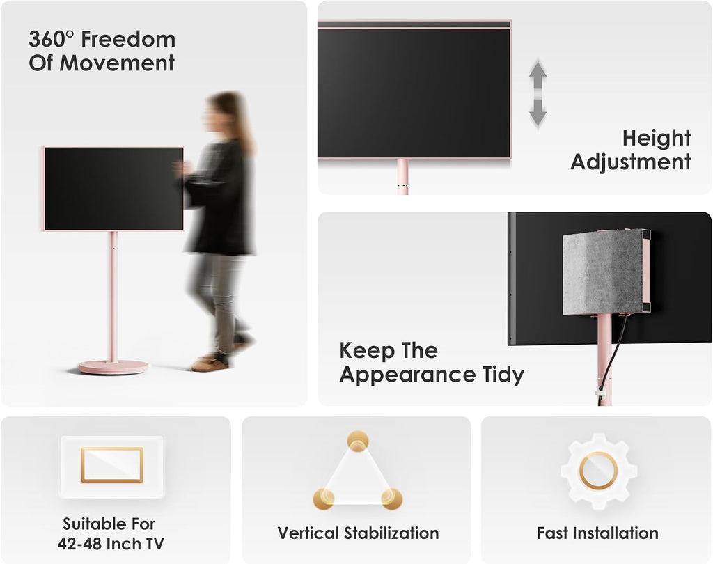 FITUEYES Design Small Rolling TV Cart for 24-48 Inches Television, Minimalist Modern TV Floor Stand on Wheels Fits Max VESA 200x200mm, V2 Portable Smart Television Stands, Pink, Master Series