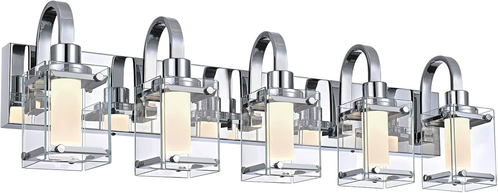5-Light Chrome Vanity Light Fixtures, Modern LED Bathroom Wall Lights for Dressing Room, Integrated LED Chips with Frosted Column & Clear Square Glass Shades, Energy Saving Wall Sconce