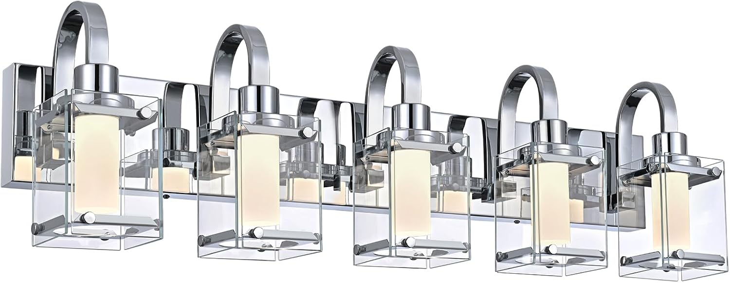 5-Light Chrome Vanity Light Fixtures, Modern LED Bathroom Wall Lights for Dressing Room, Integrated LED Chips with Frosted Column & Clear Square Glass Shades, Energy Saving Wall Sconce