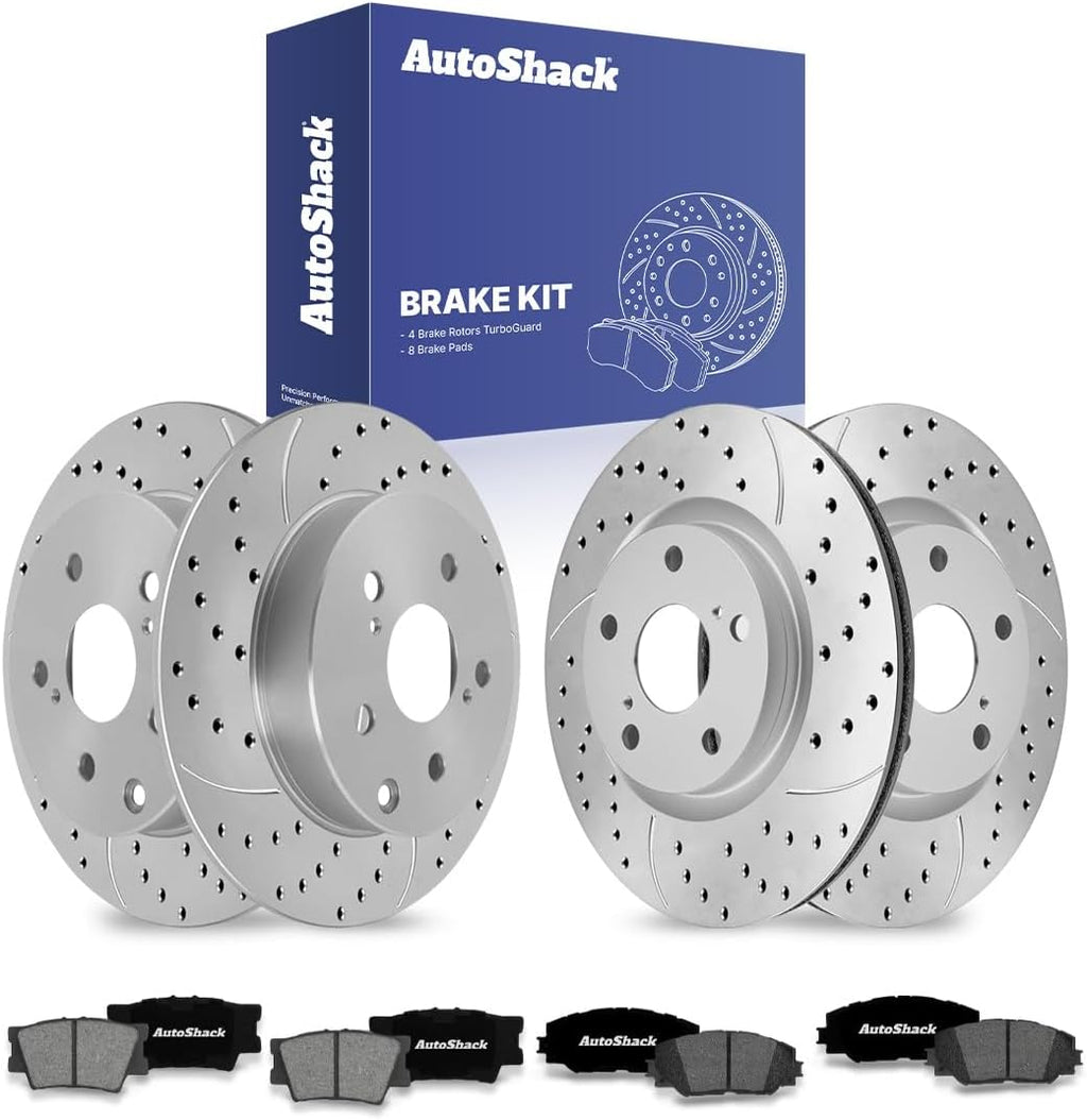 AutoShack Front & Rear Brake Rotors & Premium Pads for Toyota & Lexus, RAV4 2006-2008 HS250h 2010-2012, FWD 4WD L4 2.4L - Coated Drilled & Slotted - Silver Matte Finish - TurboGuard