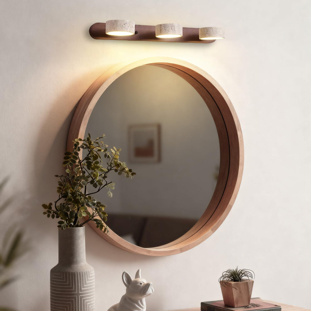 LED Natural Stone Vanity Light with 3 Travertine Stone Shades, Bathroom Vanity Light Fixture, 360° Rotatable Stone Lampshades, Modern Rustic Wall Lamp for Bedroom, Living Room, Hallway (Walnut Wood)